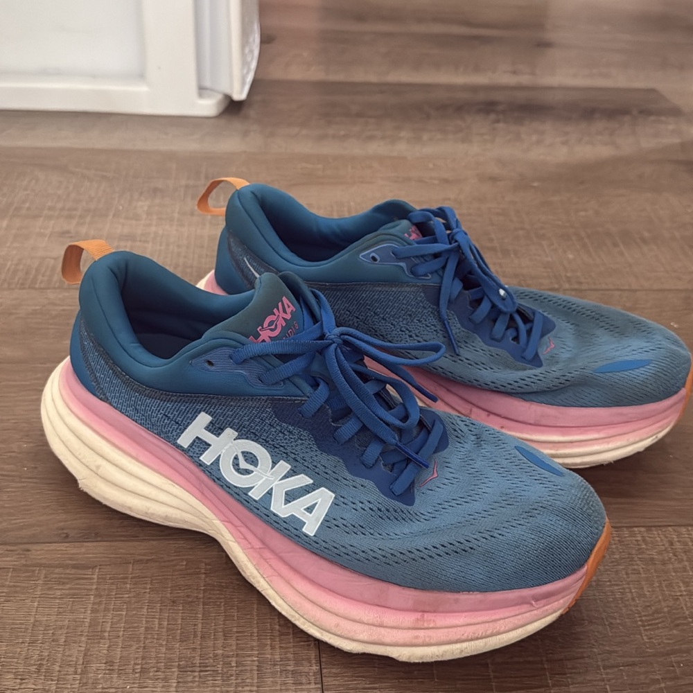 Hoka Women's Blue Running Shoes with Pink & Orange Accents